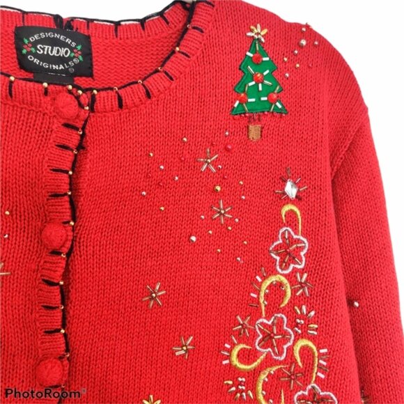 Designer Studios Original Christmas Tree Ugly Christmas Sweater Cardigan EUC L - Picture 8 of 11